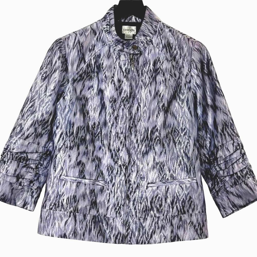Chicos Jacket‎ Blazer S Lavender Silver Metallic Full Zip Cinched 3/4 Sleeve